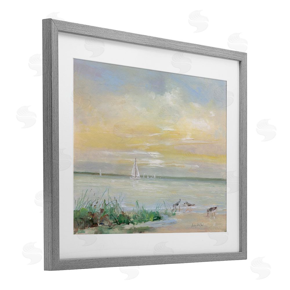Sally Swatland Sailboats & Sanderlings Shore Gray Framed Print Under Glass Wall Art