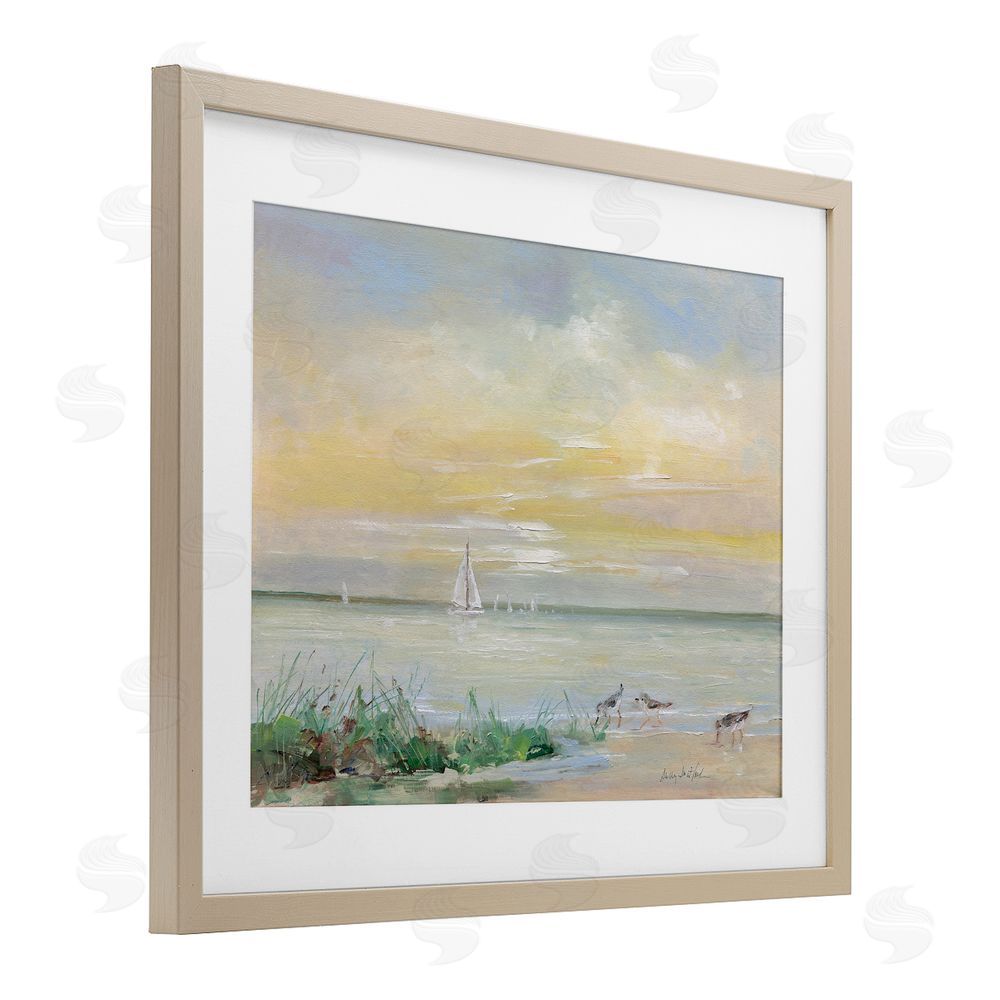 Sally Swatland Sailboats & Sanderlings Shore Brown Framed Print Under Glass Wall Art