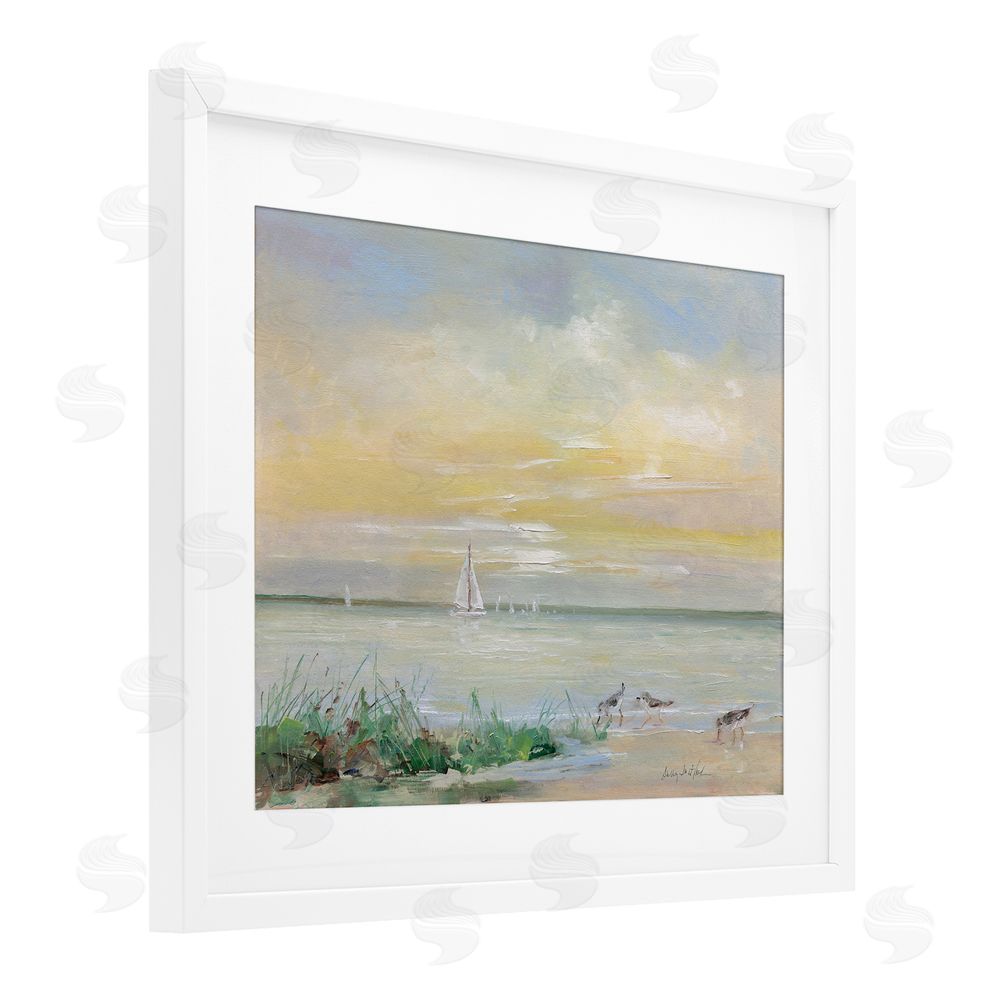 Sally Swatland Sailboats & Sanderlings Shore White Framed Print Under Glass Wall Art