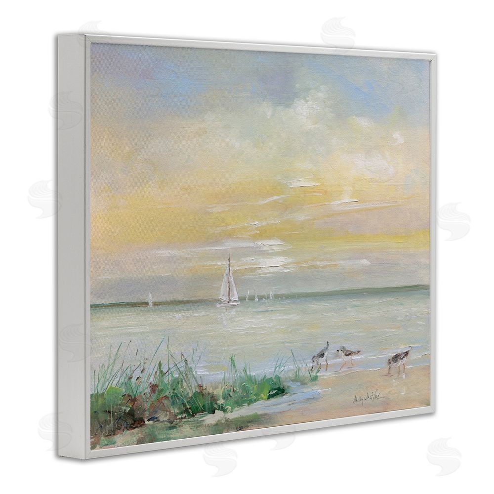 Sally Swatland Sailboats & Sanderlings Shore White Framed Giclee Wall Art Print