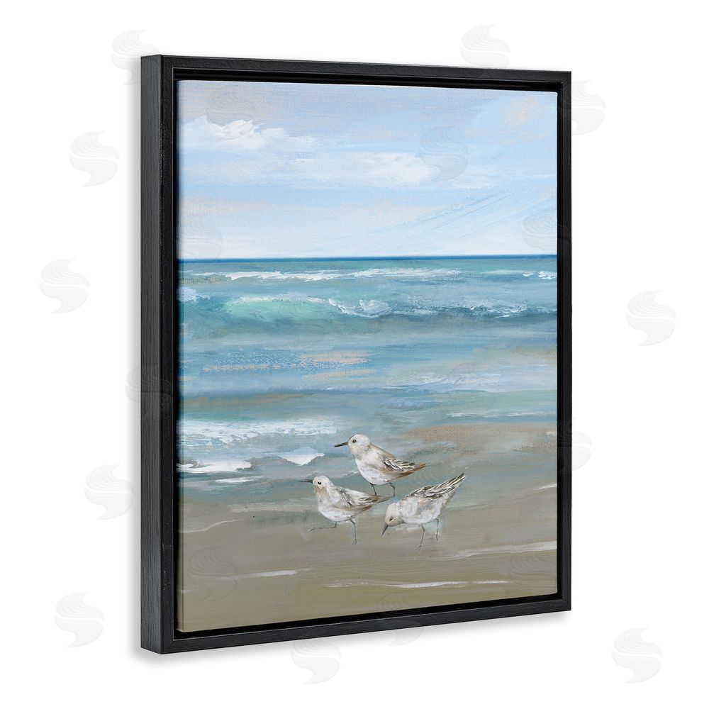 Nan Sanderlings on Gentle Waves Black Floating Frame Canvas Wall Art Print