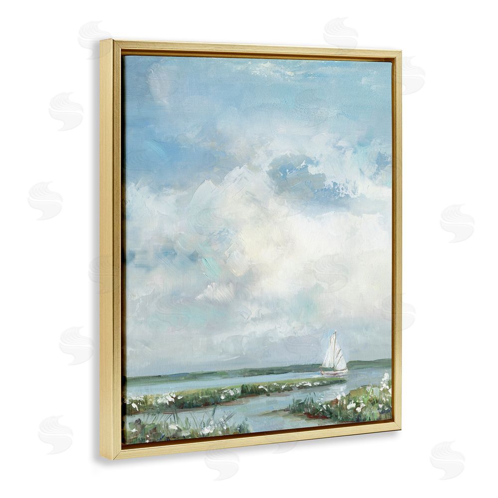 Sally Swatland Sailboat On Summer Marsh Gold Floating Frame Canvas Wall Art Print