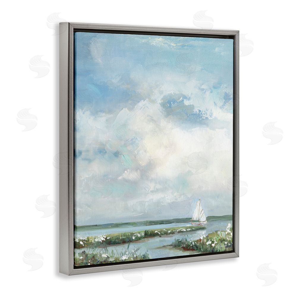 Sally Swatland Sailboat On Summer Marsh Gray Floating Frame Canvas Wall Art Print