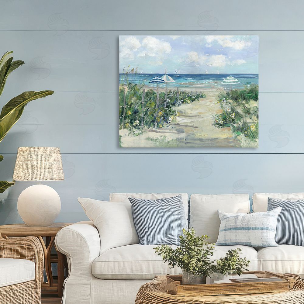 Sally Swatland Seaside Path To Striped Umbrellas Stretched Canvas Wall Art in Room