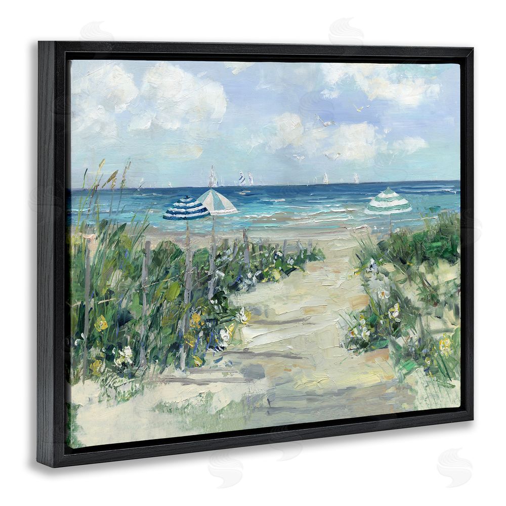 Sally Swatland Seaside Path To Striped Umbrellas Black Floating Frame Canvas Wall Art Print