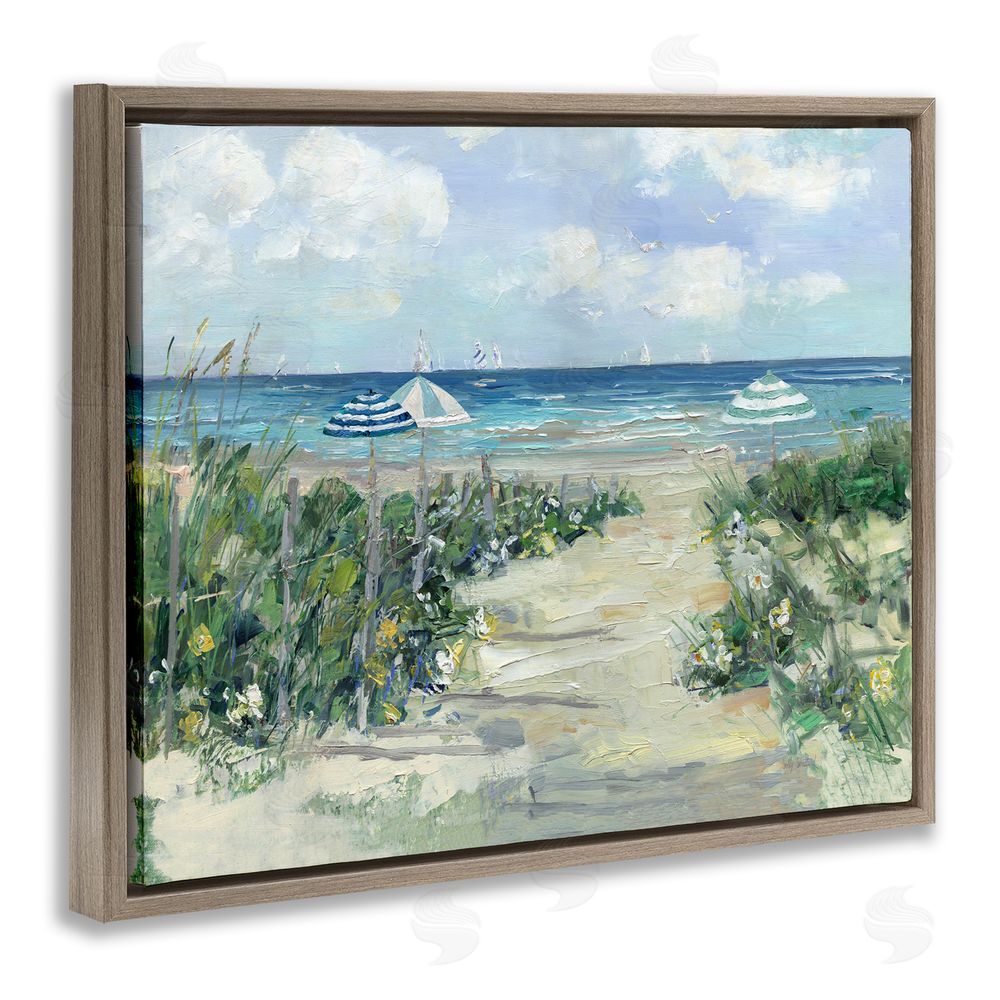 Sally Swatland Seaside Path To Striped Umbrellas Brown Floating Frame Canvas Wall Art Print