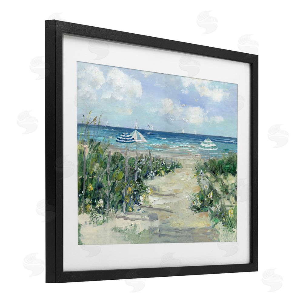 Sally Swatland Seaside Path To Striped Umbrellas Black Framed Print Under Glass Wall Art