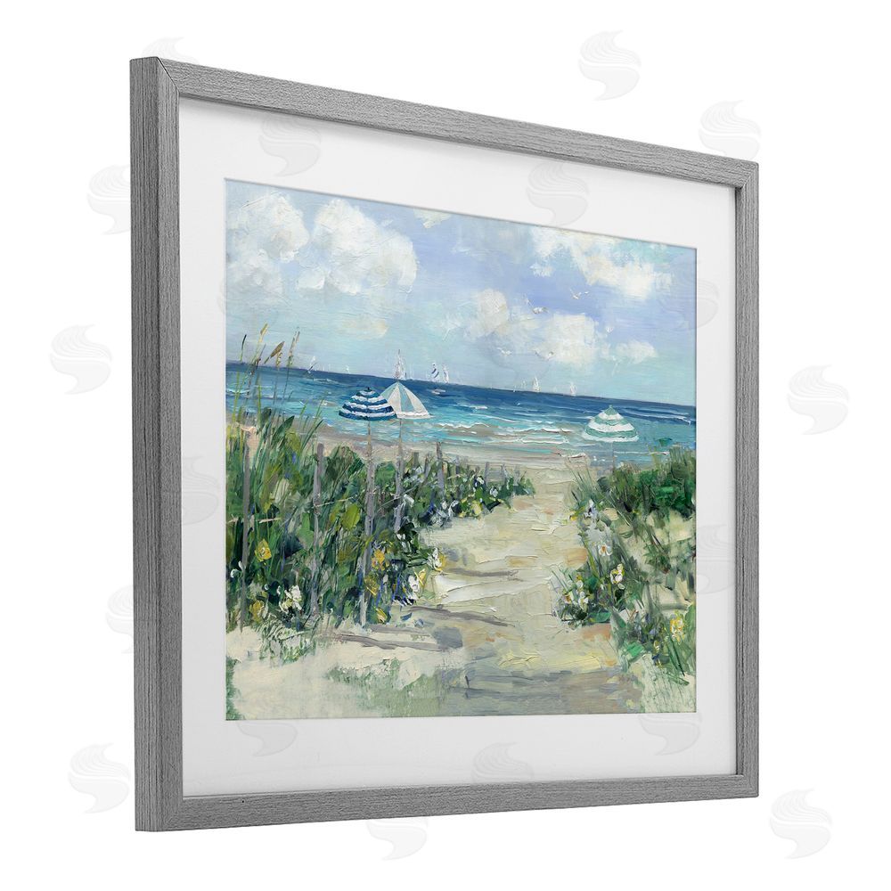 Sally Swatland Seaside Path To Striped Umbrellas Gray Framed Print Under Glass Wall Art
