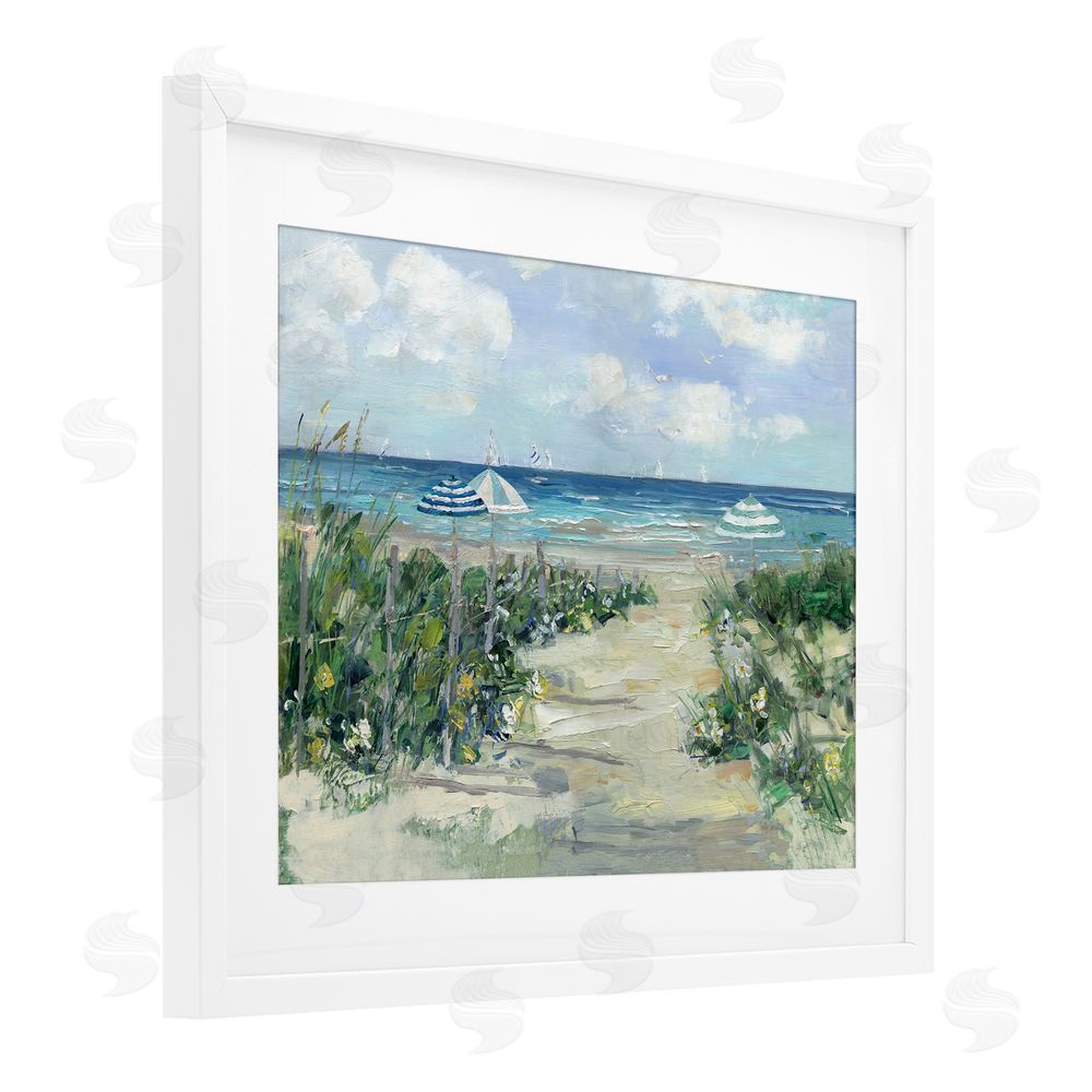 Sally Swatland Seaside Path To Striped Umbrellas White Framed Print Under Glass Wall Art