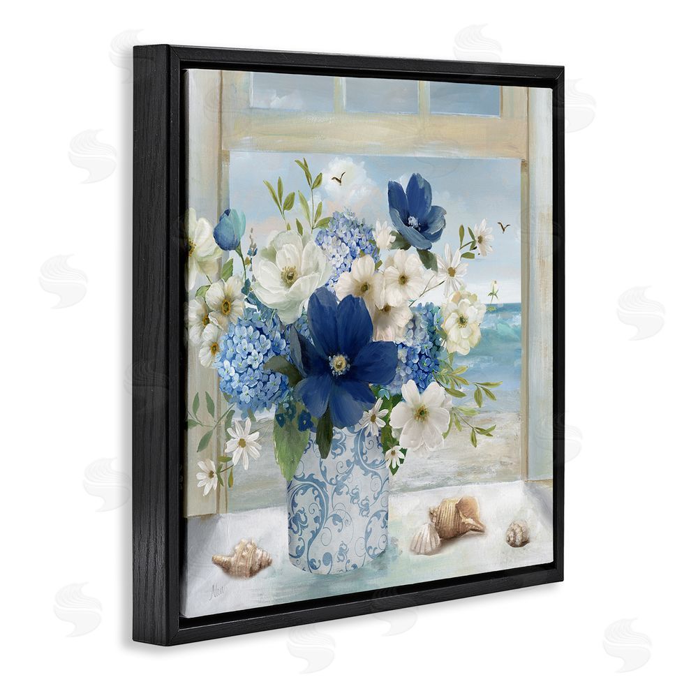 Nan Seaside Blue & White Arrangement Black Floating Frame Canvas Wall Art Print