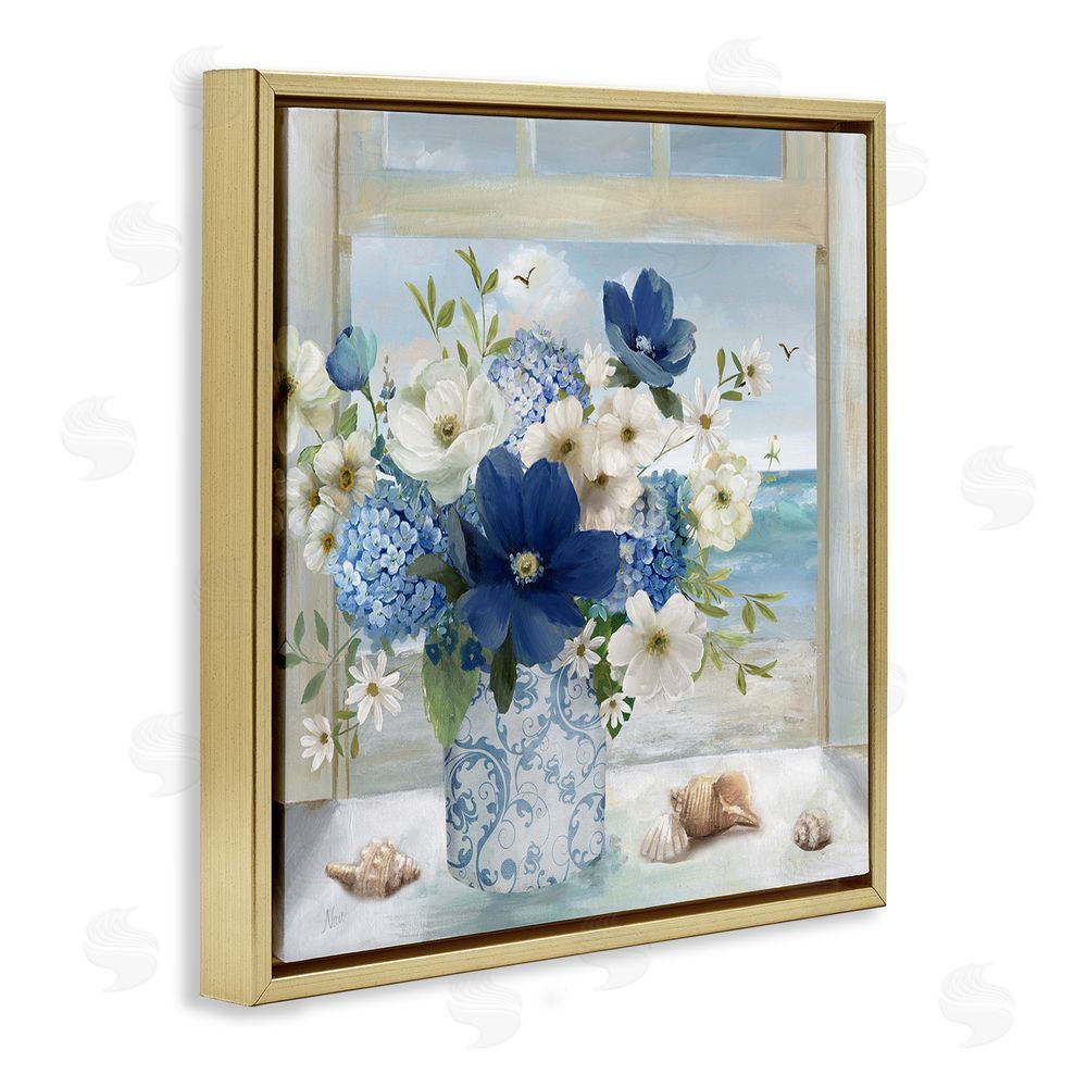 Nan Seaside Blue & White Arrangement Gold Floating Frame Canvas Wall Art Print