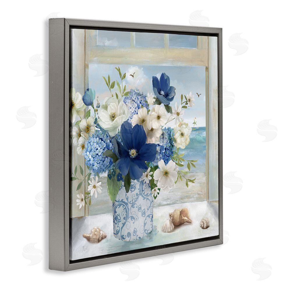 Nan Seaside Blue & White Arrangement Gray Floating Frame Canvas Wall Art Print