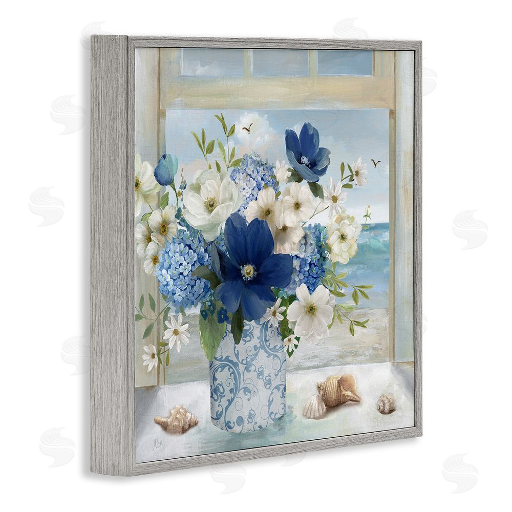 Nan Seaside Blue & White Arrangement Gray Framed Giclee Wall Art Print