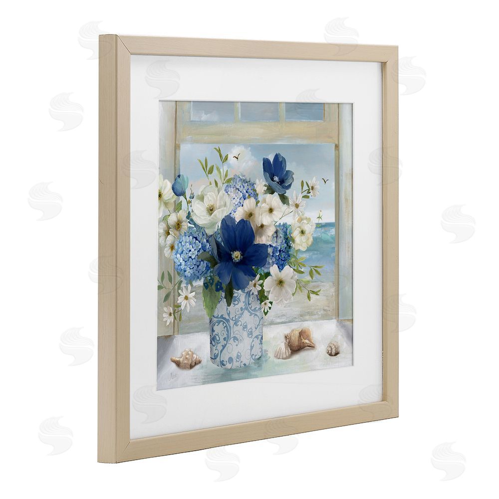 Nan Seaside Blue & White Arrangement Brown Framed Print Under Glass Wall Art