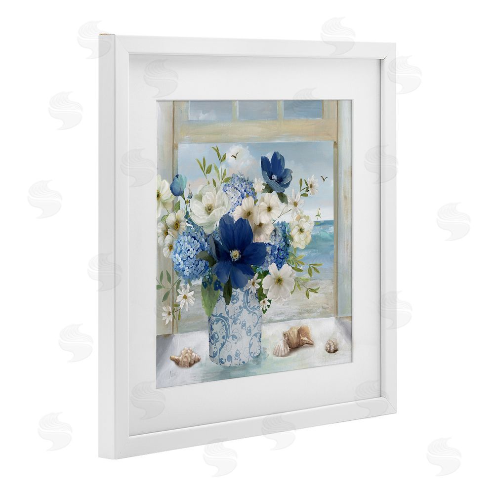 Nan Seaside Blue & White Arrangement White Framed Print Under Glass Wall Art