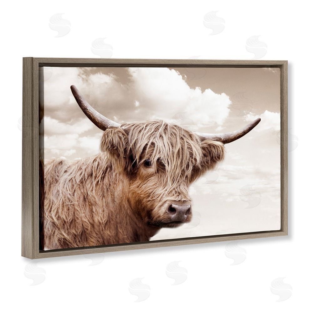 CAD Designs Shaggy Highland Cow & Clouds Brown Floating Frame Canvas Wall Art Print