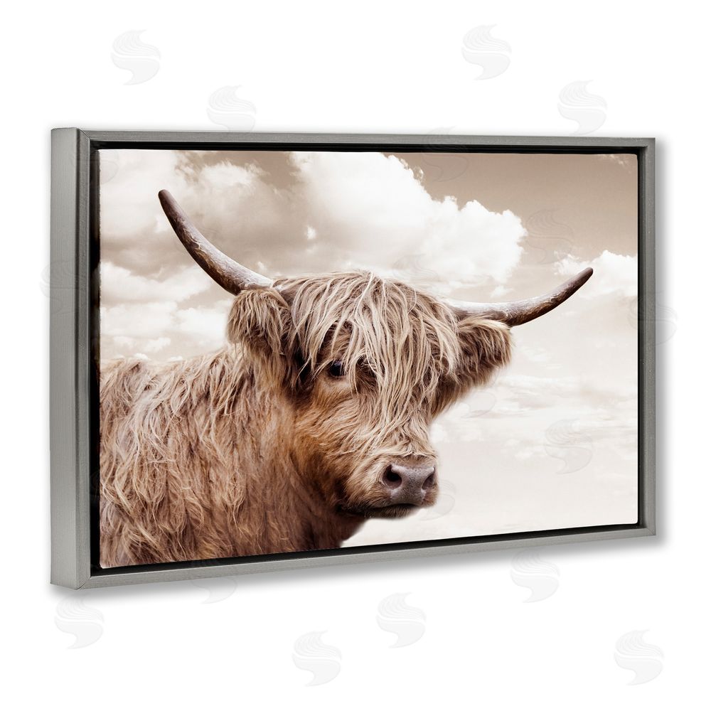 CAD Designs Shaggy Highland Cow & Clouds Gray Floating Frame Canvas Wall Art Print