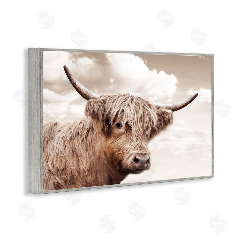 CAD Designs Shaggy Highland Cow & Clouds Gray Framed Giclee Wall Art Print
