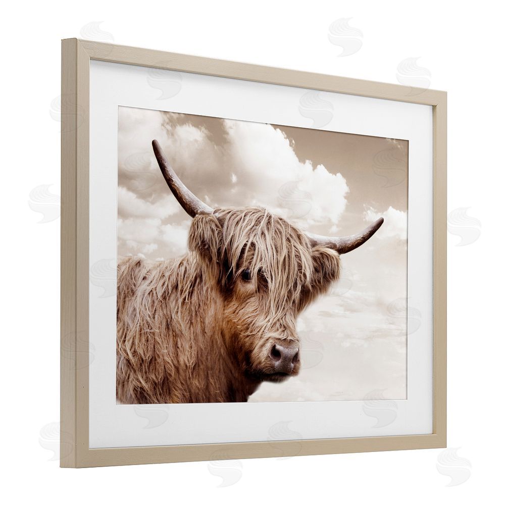 CAD Designs Shaggy Highland Cow & Clouds Brown Framed Print Under Glass Wall Art