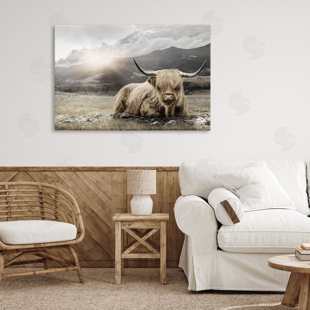 CAD Designs Cattle Resting in Morning Sun Stretched Canvas Wall Art in Room