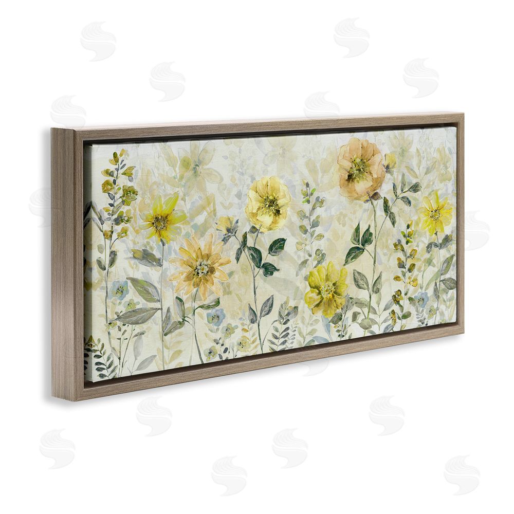 Sally Swatland Yellow Buttercup Garden Brown Floating Frame Stretched Canvas Wall Art Print
