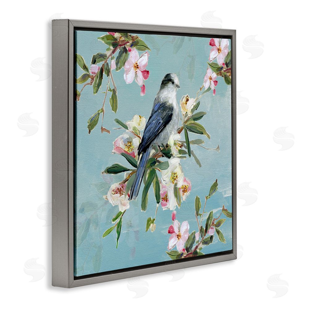 Sally Swatland Pastel Songbird Among Blossoms Gray Floating Frame Canvas Wall Art Print