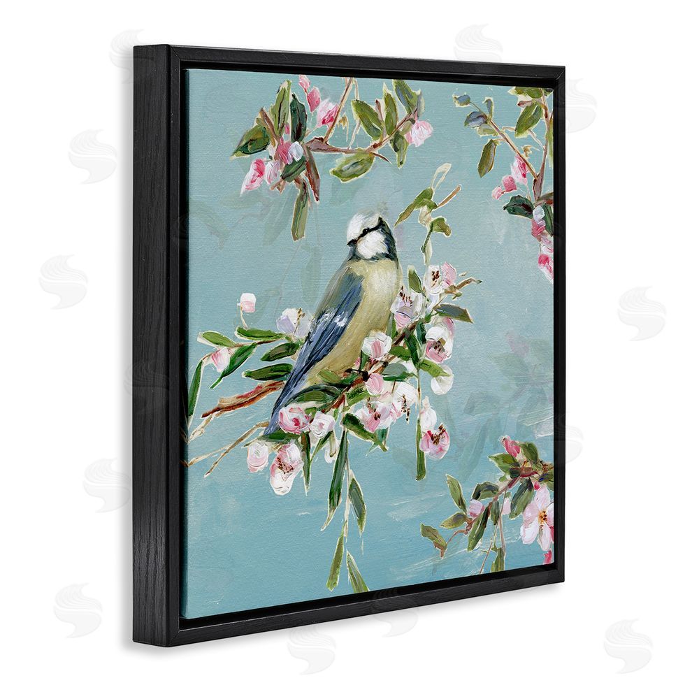 Sally Swatland Songbird Perched on Blooms Black Floating Frame Canvas Wall Art Print