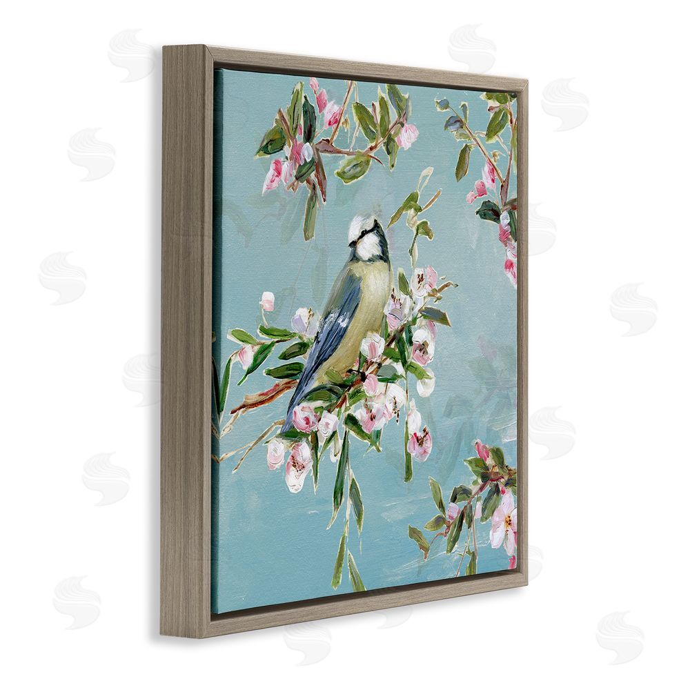 Sally Swatland Songbird Perched on Blooms Brown Floating Frame Canvas Wall Art Print