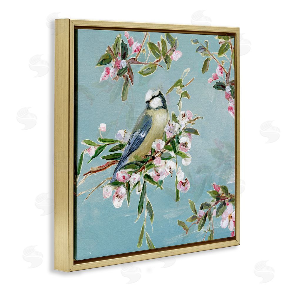 Sally Swatland Songbird Perched on Blooms Gold Floating Frame Canvas Wall Art Print