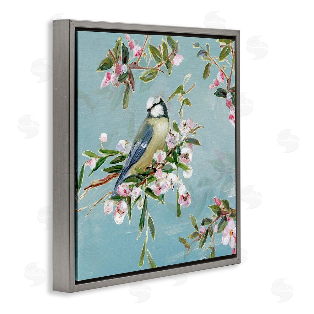 Sally Swatland Songbird Perched on Blooms Gray Floating Frame Canvas Wall Art Print