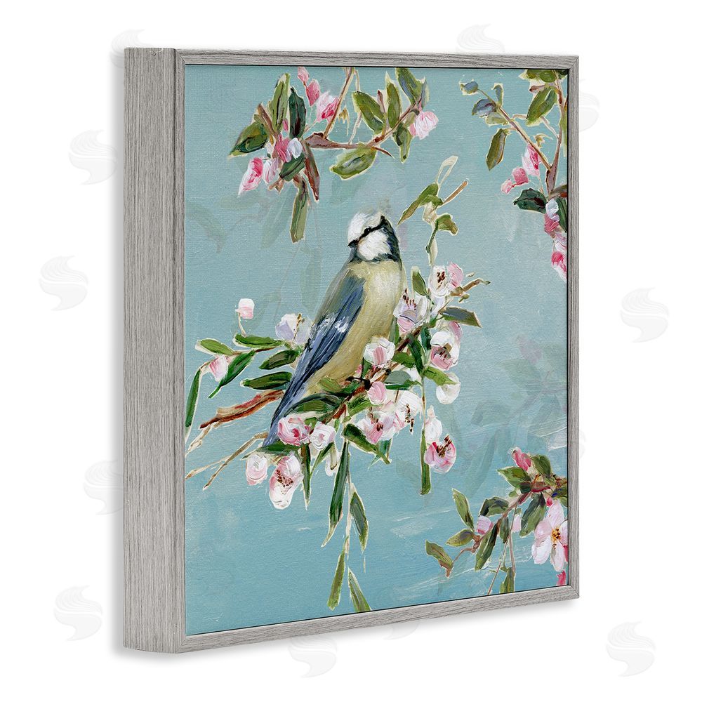 Sally Swatland Songbird Perched on Blooms Gray Framed Giclee Wall Art Print