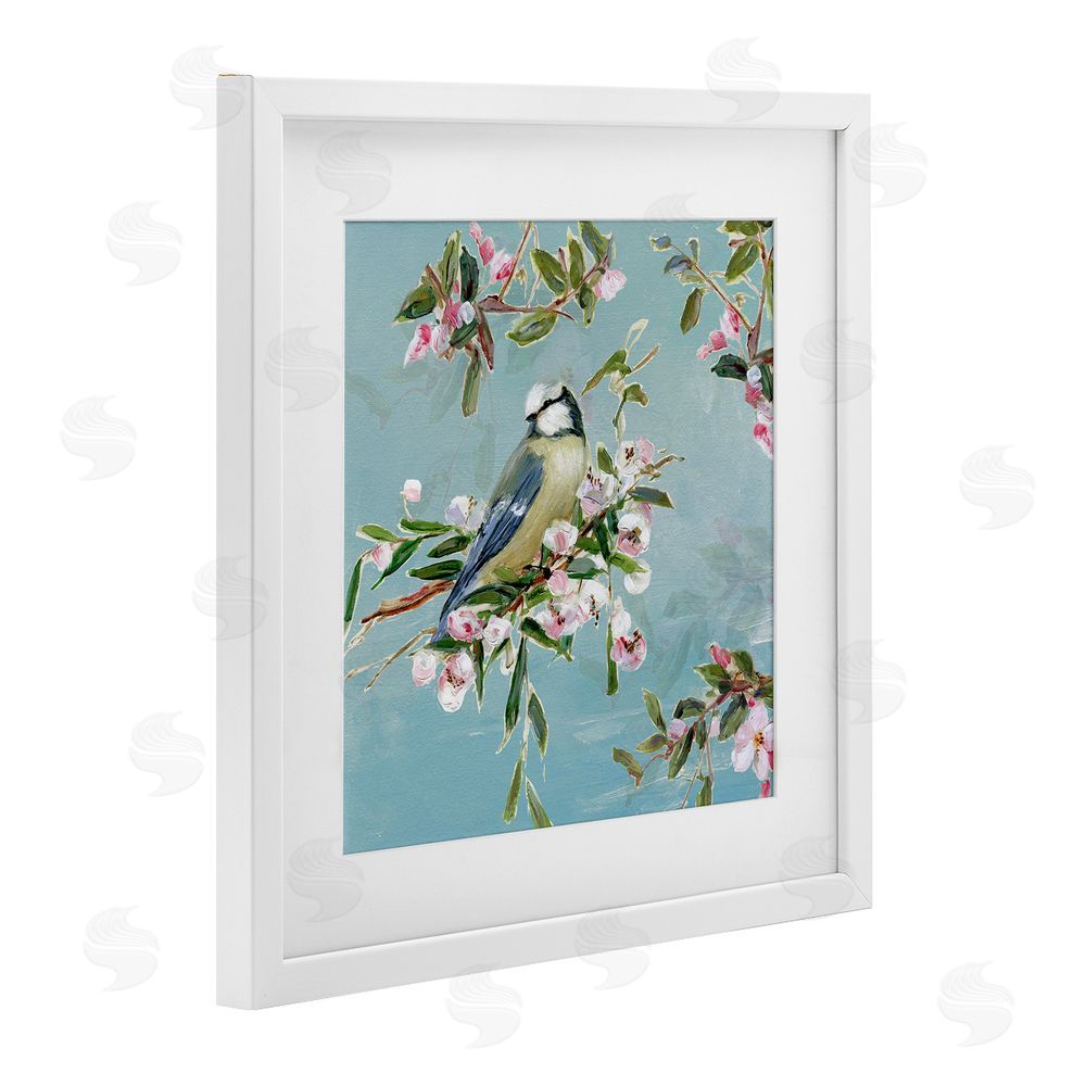Sally Swatland Songbird Perched on Blooms White Framed Print Under Glass Wall Art