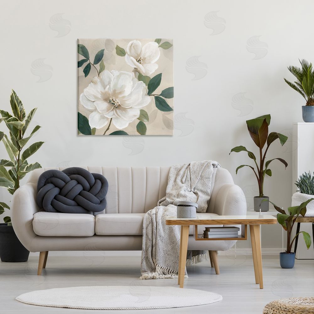 Nan Serene White Magnolia Study Stretched Canvas Wall Art in Room
