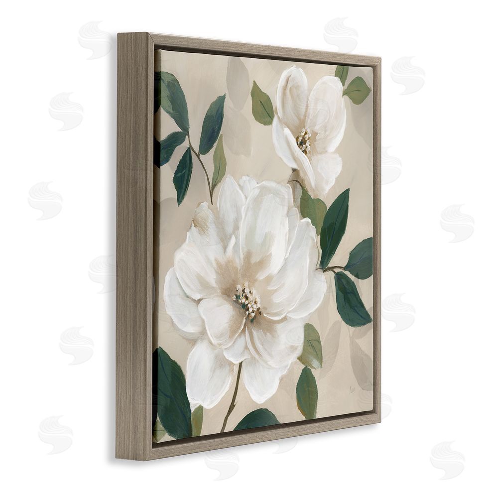 Nan Serene White Magnolia Study Brown Floating Frame Canvas Wall Art Print