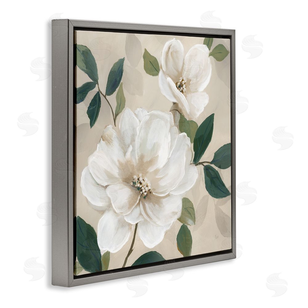Nan Serene White Magnolia Study Gray Floating Frame Canvas Wall Art Print