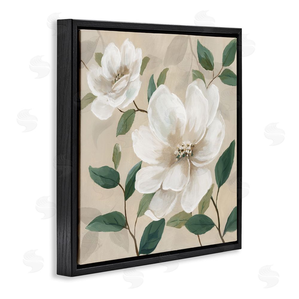 Nan Serene White Blossom with Leaves Black Floating Frame Canvas Wall Art Print