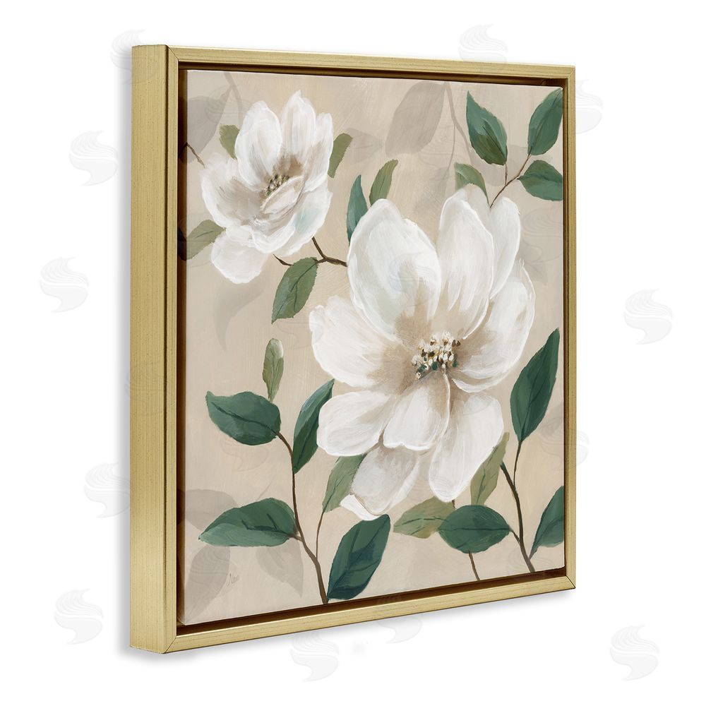 Nan Serene White Blossom with Leaves Gold Floating Frame Canvas Wall Art Print