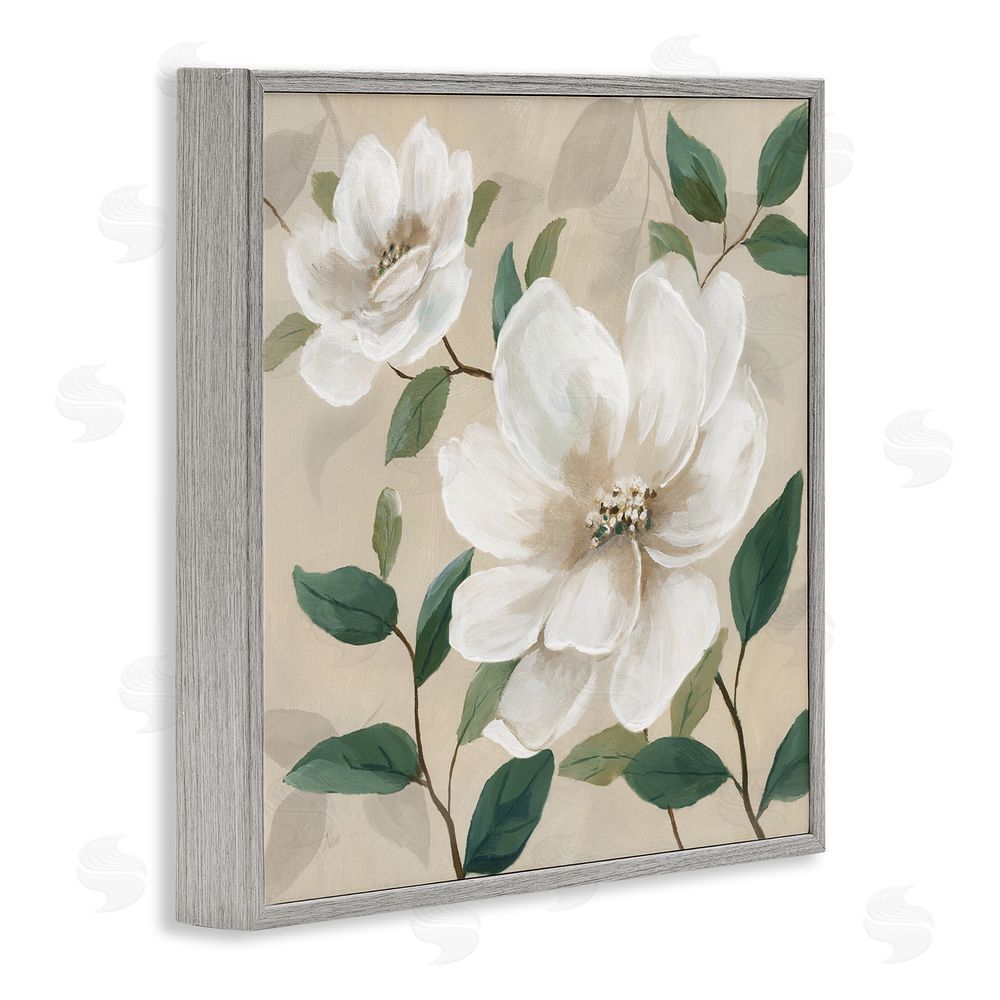 Nan Serene White Blossom with Leaves Gray Framed Giclee Wall Art Print