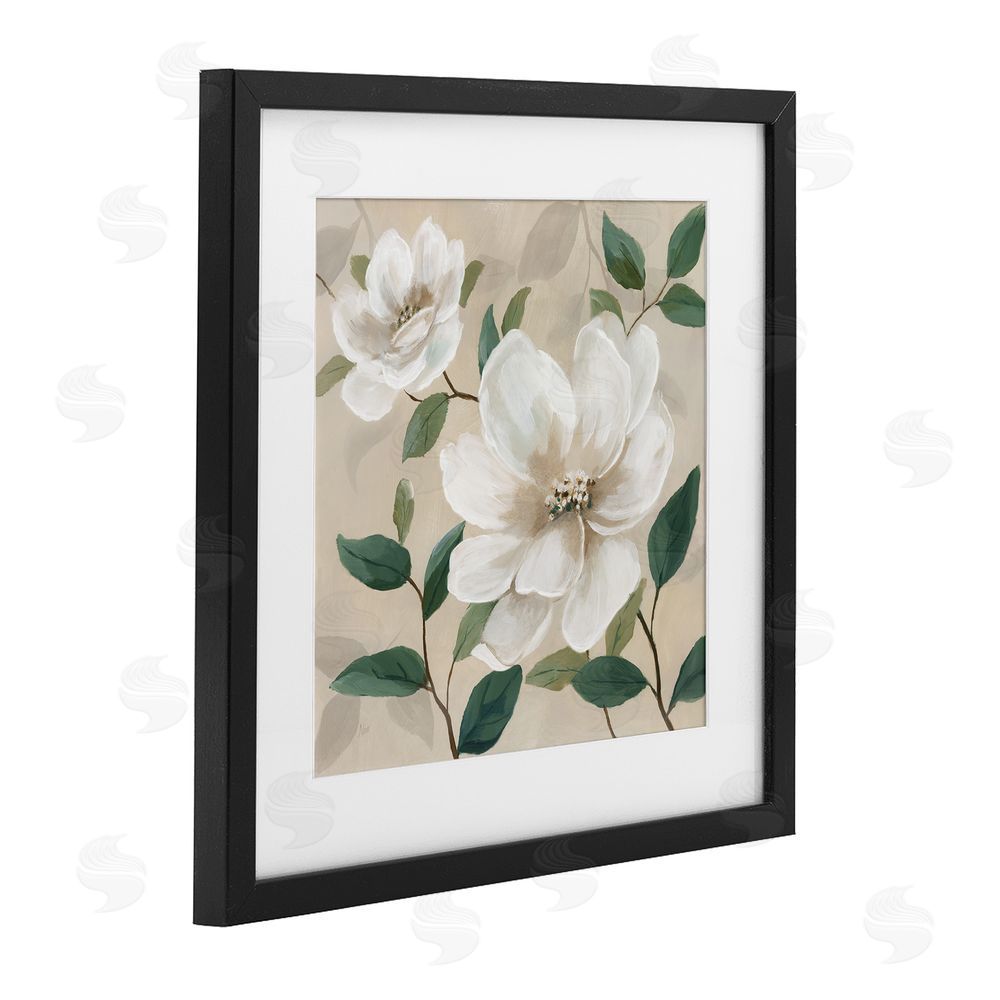 Nan Serene White Blossom with Leaves Black Framed Print Under Glass Wall Art