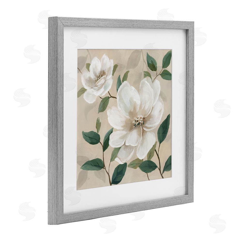 Nan Serene White Blossom with Leaves Gray Framed Print Under Glass Wall Art