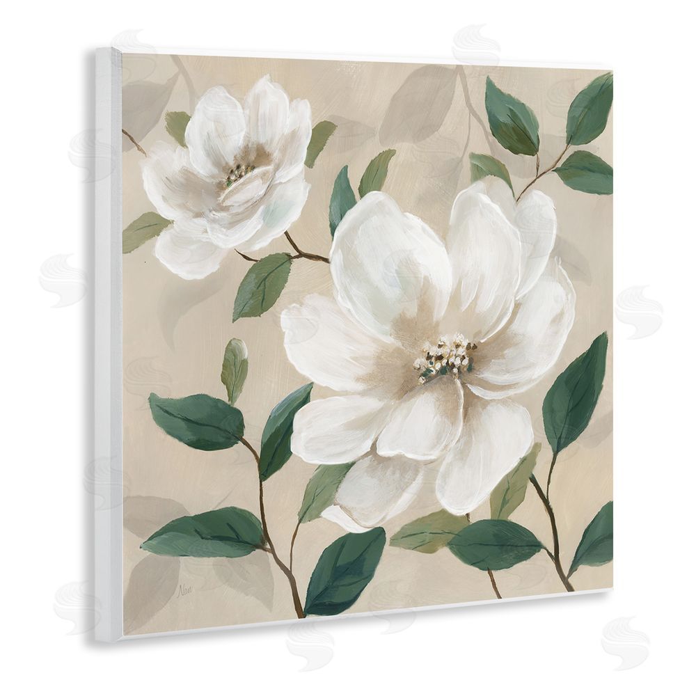 Nan Serene White Blossom with Leaves Wooden Wall Plaque Art Print
