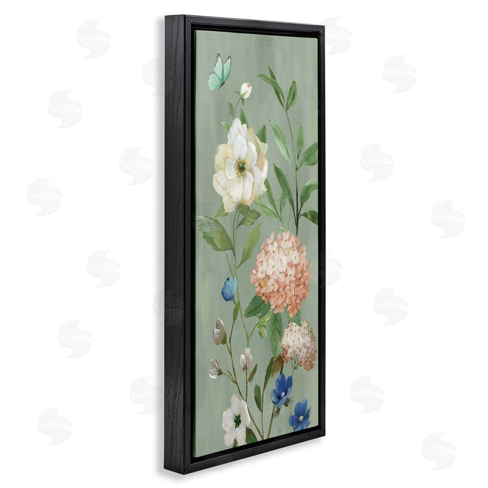 Nan Mint Floral Cluster & Butterfly Black Floating Frame Canvas Wall Art Print