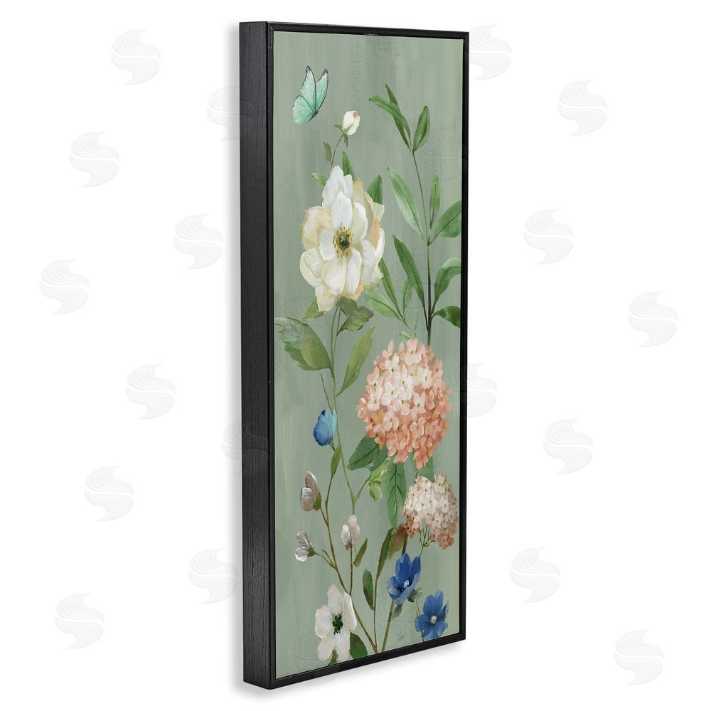 Nan Mint Floral Cluster & Butterfly Black Framed Giclee Wall Art Print