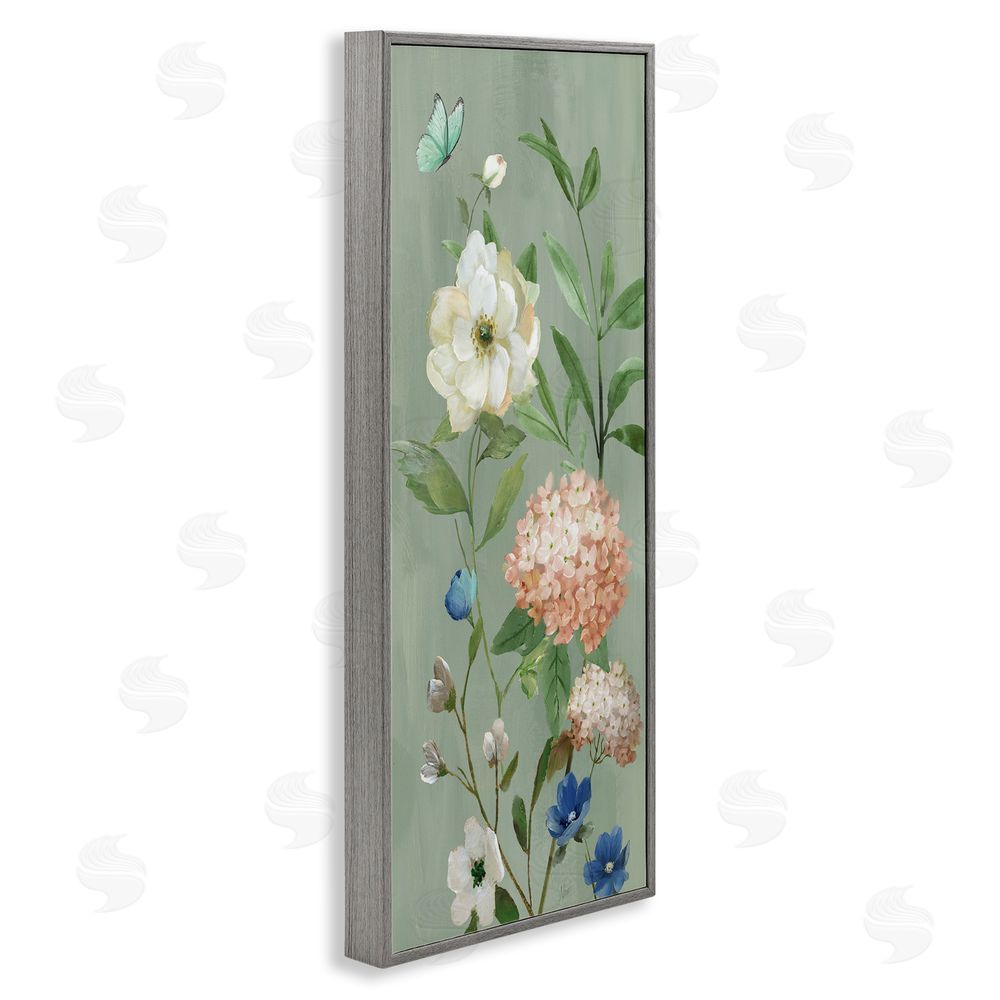 Nan Mint Floral Cluster & Butterfly Gray Framed Giclee Wall Art Print