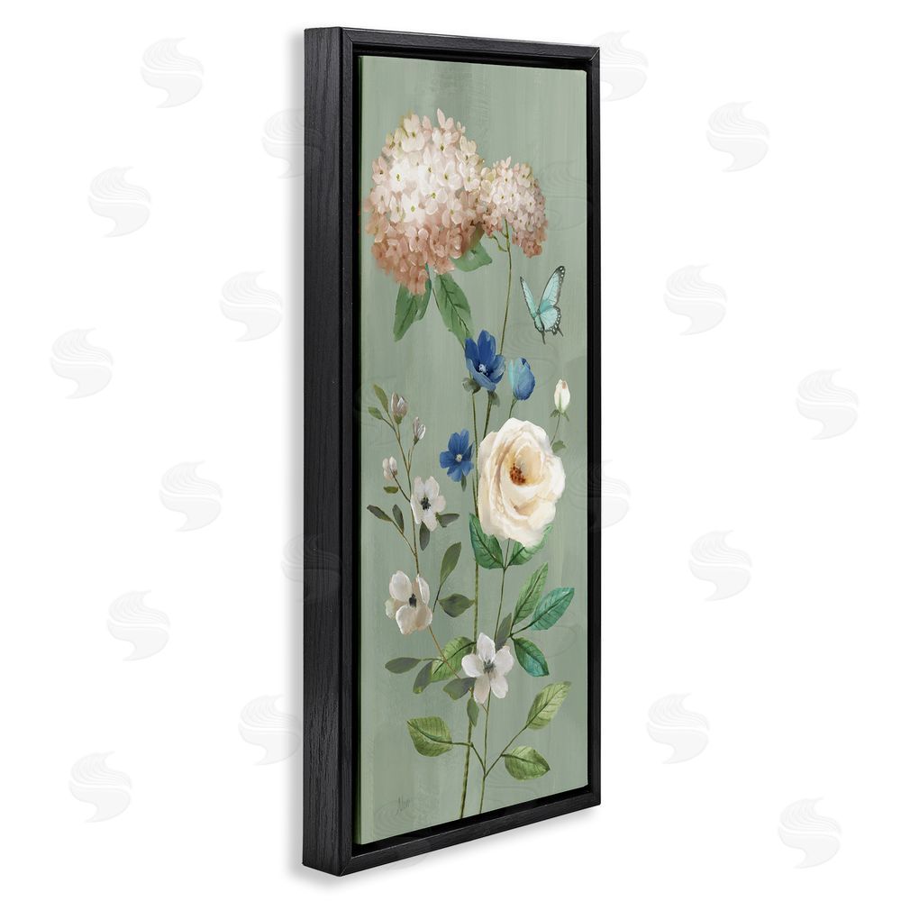 Nan Hydrangea & Rose with Butterfly Black Floating Frame Canvas Wall Art Print