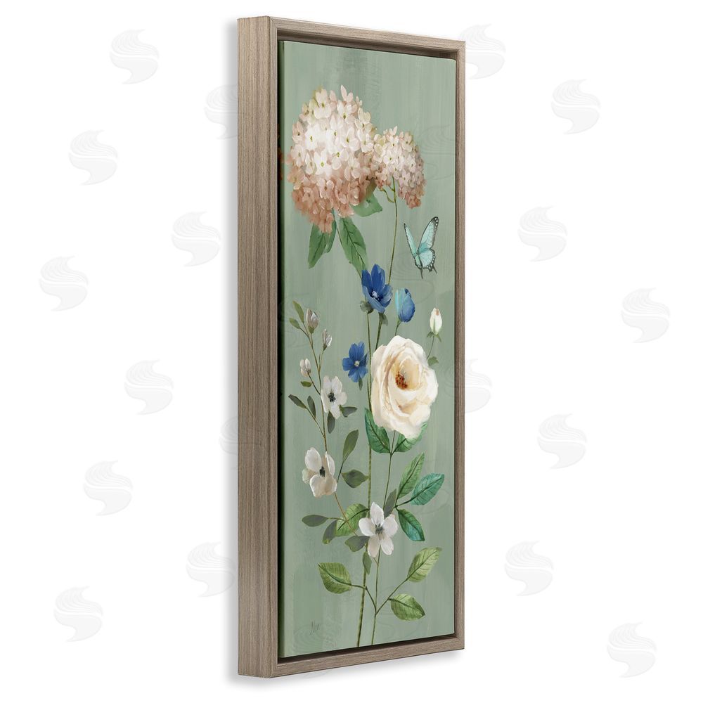 Nan Hydrangea & Rose with Butterfly Brown Floating Frame Canvas Wall Art Print