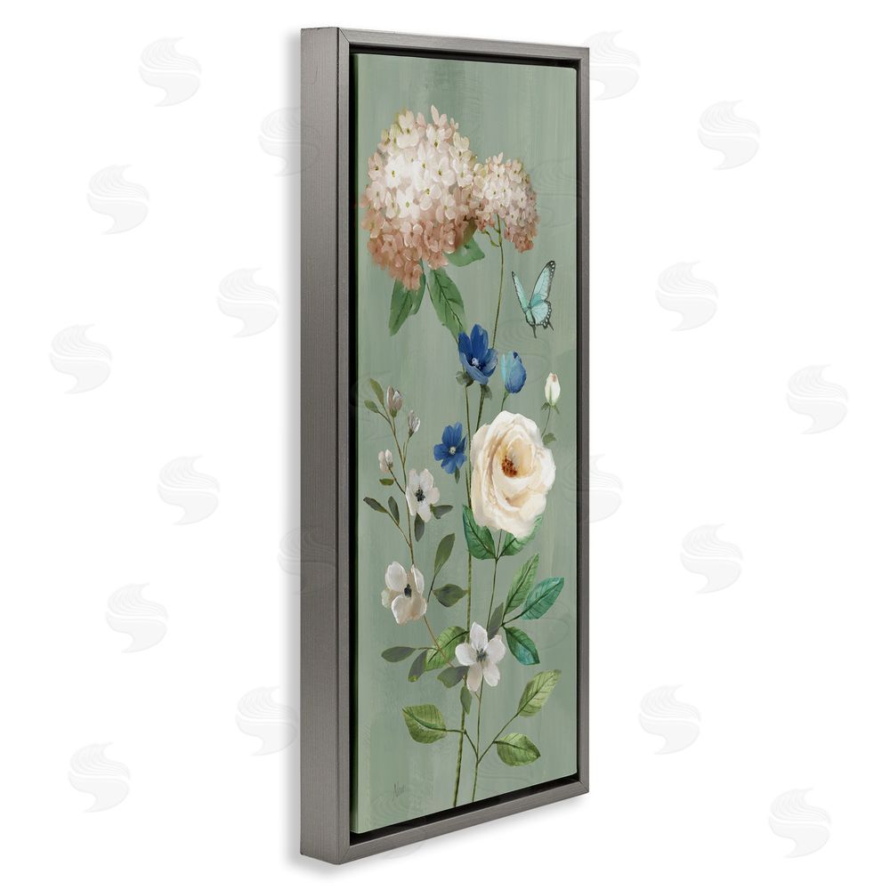 Nan Hydrangea & Rose with Butterfly Gray Floating Frame Canvas Wall Art Print