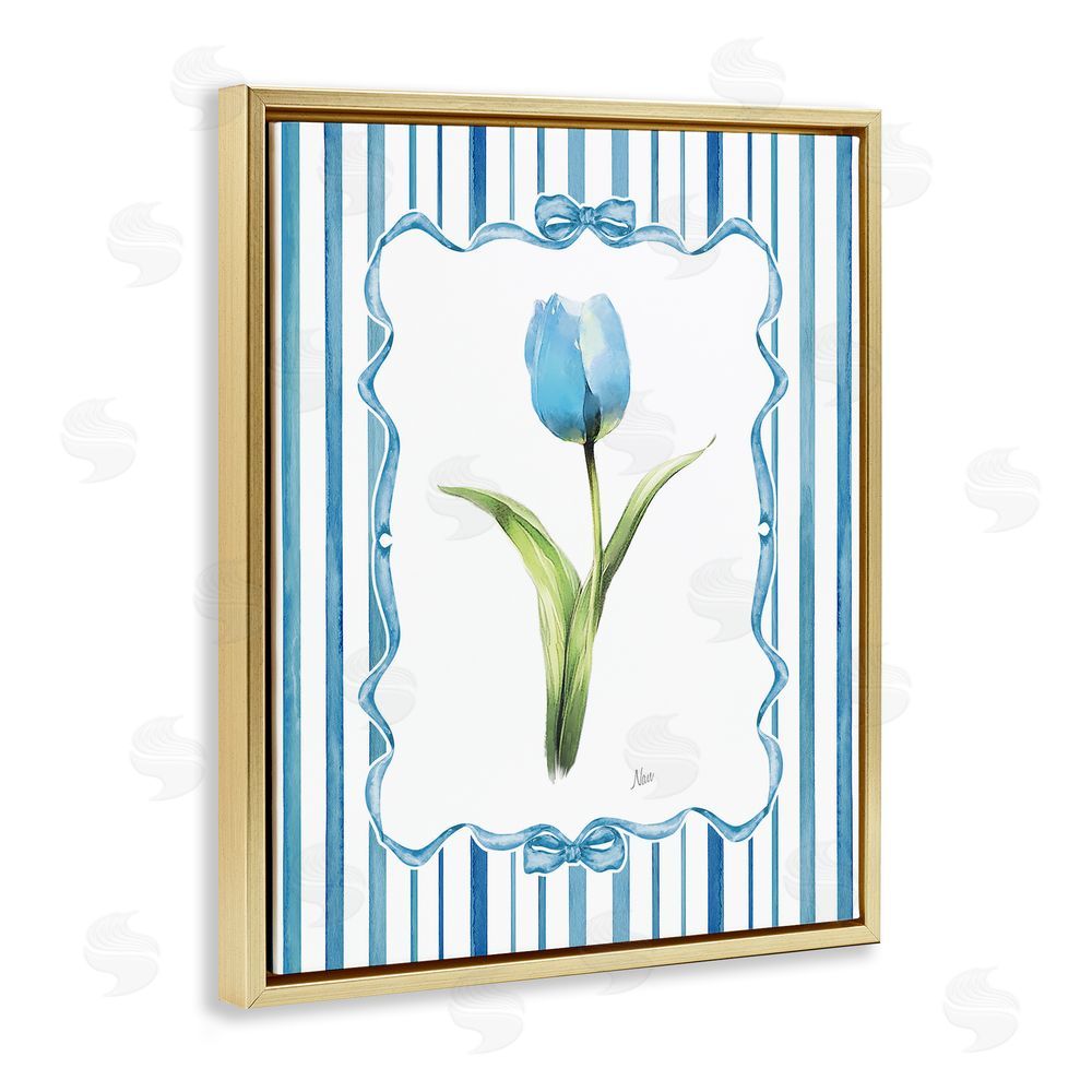 Nan Single Blue Tulip Stripes Gold Floating Frame Canvas Wall Art Print