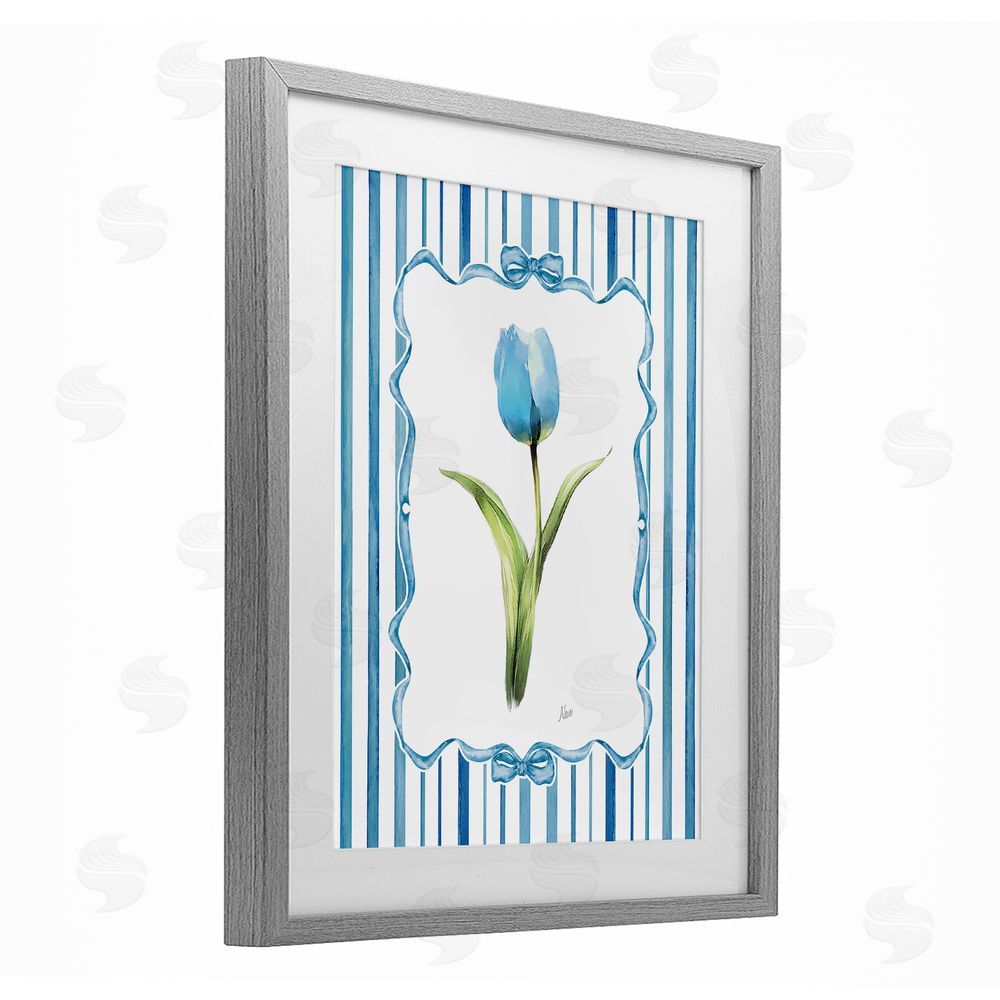 Nan Single Blue Tulip Stripes Gray Framed Print Under Glass Wall Art