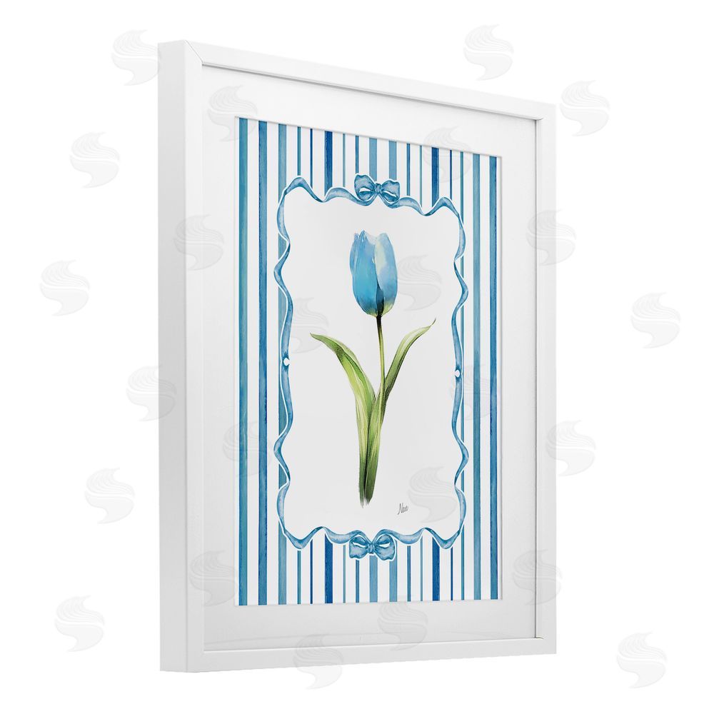 Nan Single Blue Tulip Stripes White Framed Print Under Glass Wall Art